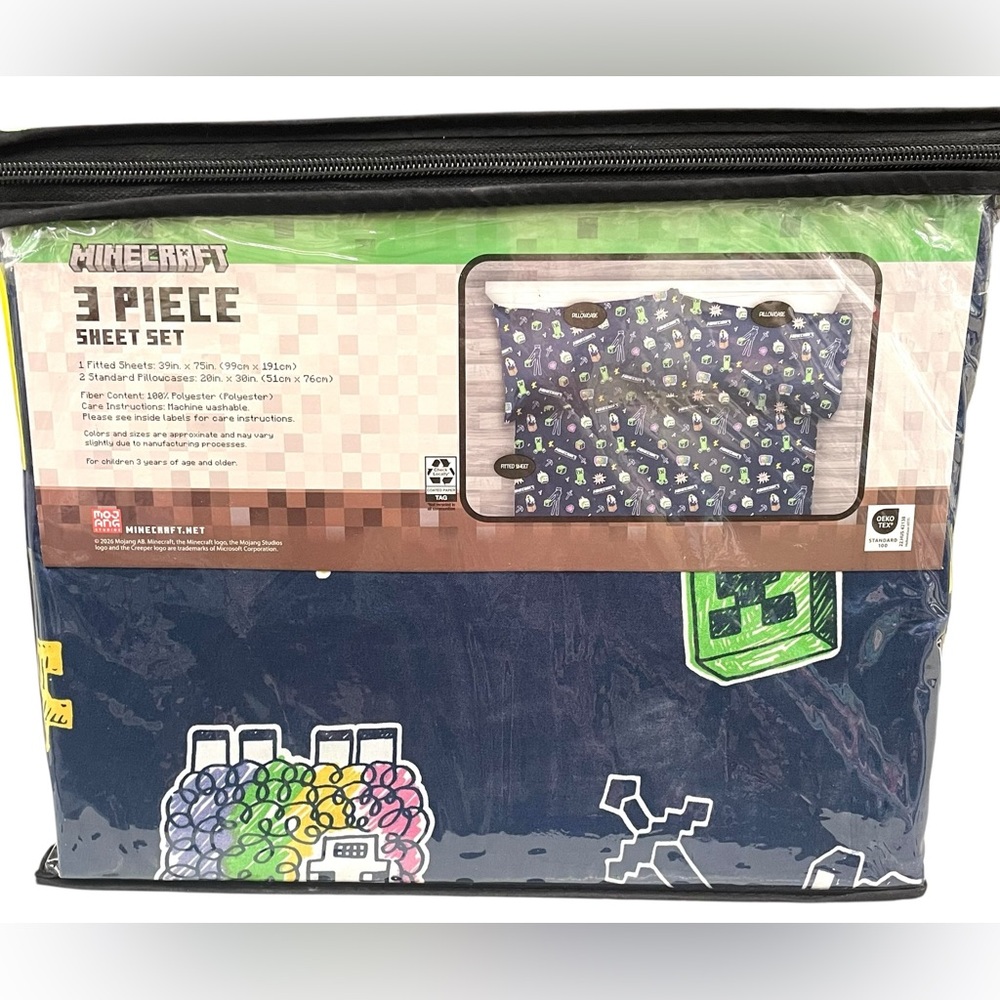 MINECRAFT Twin 3-pc Sheet Set Black Green Gaming ~1 Fitted ~2 Pillowcase NEW NIP - Picture 3 of 4